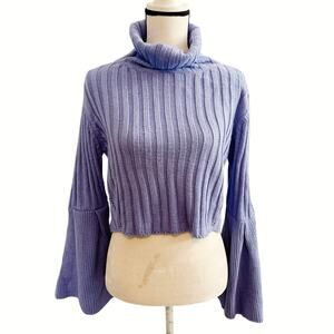 Lavender Women's Ribbed Knit Cropped Stretch Turtleneck Sweater
